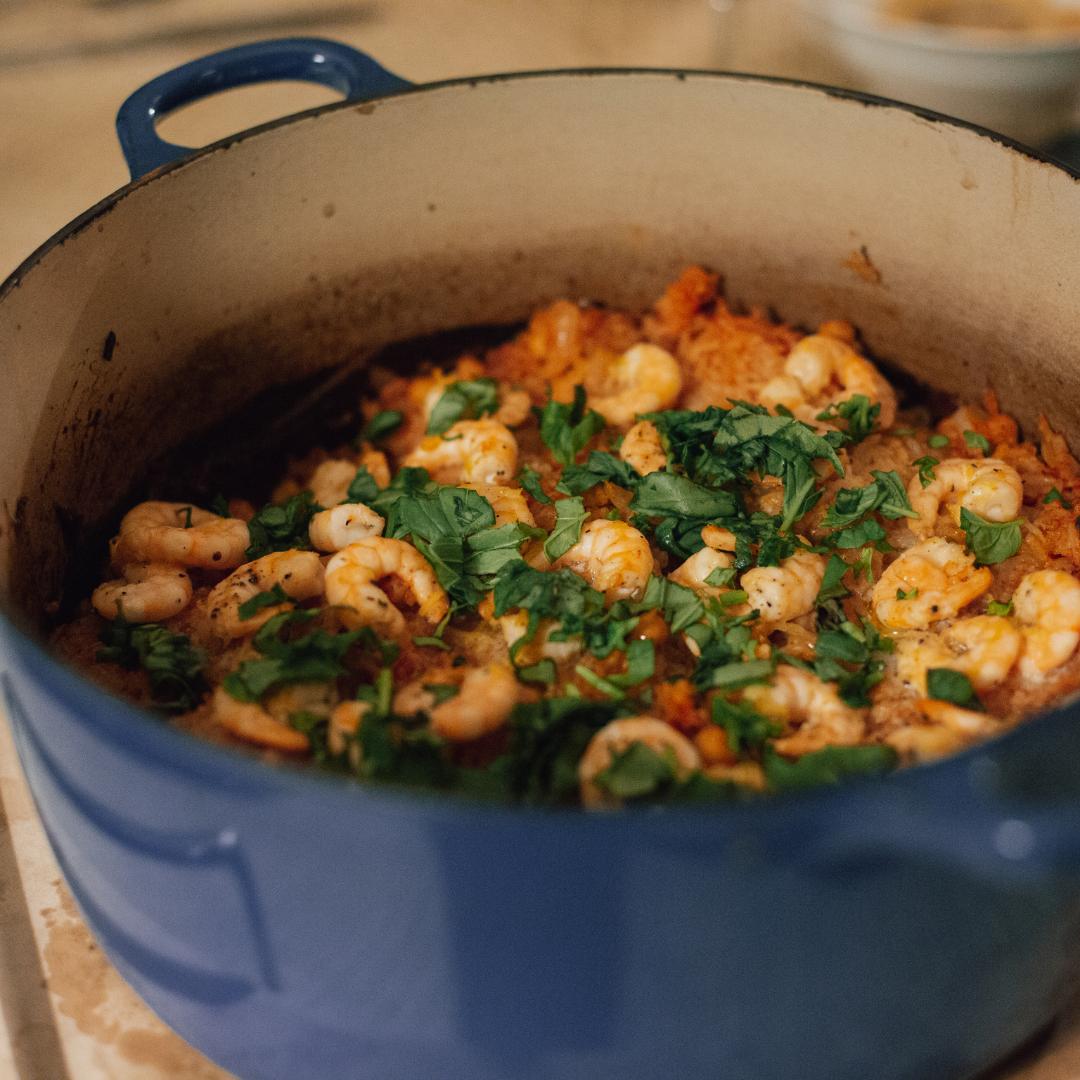 Crispy shrimp on rice bake