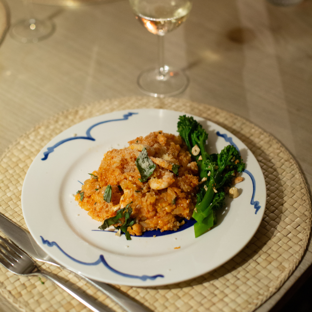 served with hazelnut topped broccolinni